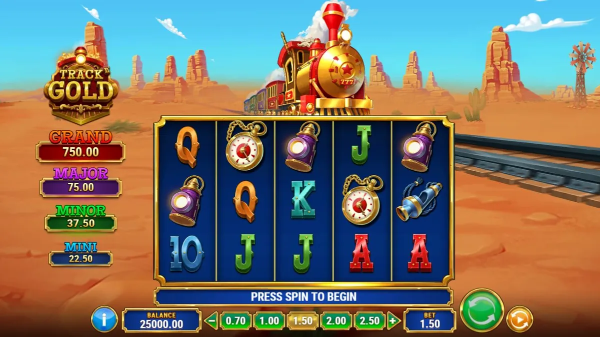 Tampilan visual slot Track’n Gold dengan tema kereta uap dan latar belakang gurun Amerika Barat.