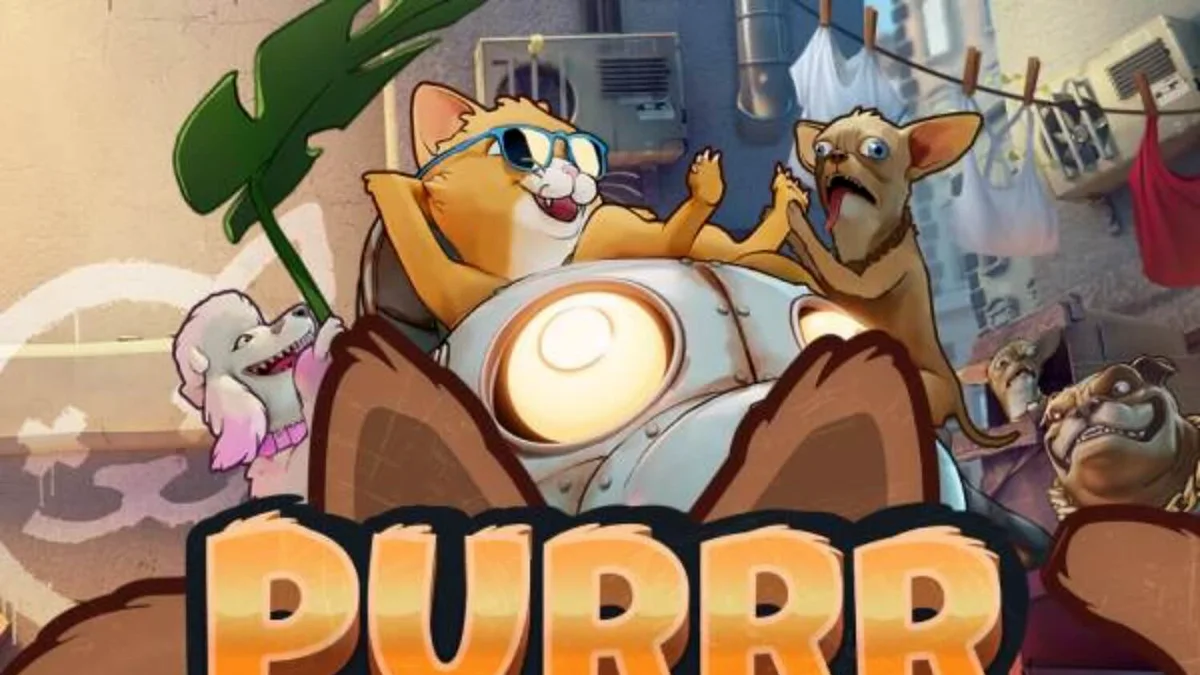 Tampilan visual slot Purrrminator Dream Drop dengan latar belakang gang distopia